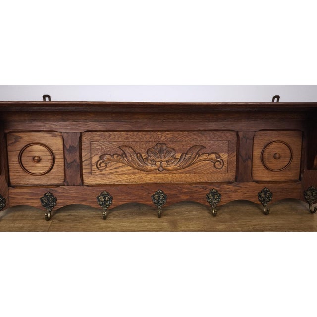 Vintage French Carved Oak 7-Hook Coat Rack For Sale - Image 3 of 11