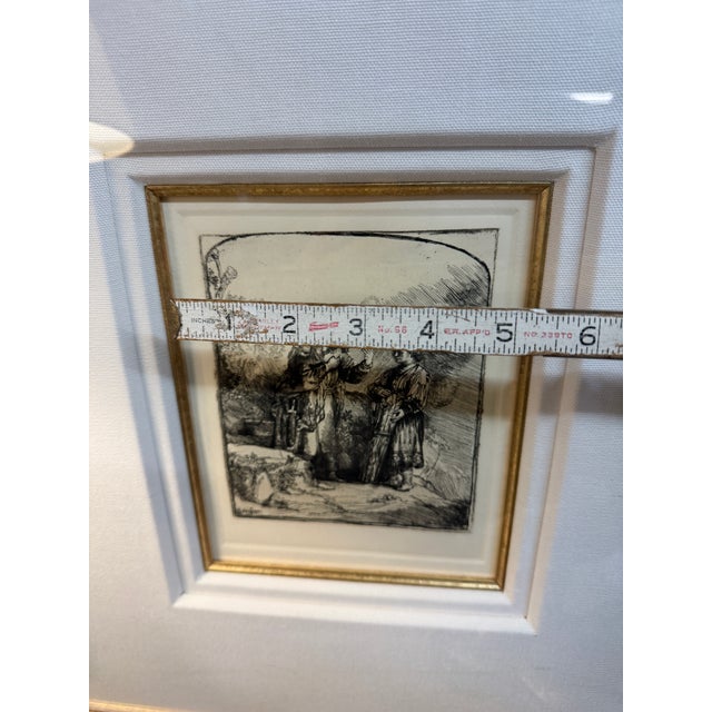 Rembrandt Van Rijn Etching of Abraham and Isaac by the Dutch Master, Created in 1645. Framed Print Gold Frame a Deep Dimensional Linen. Mat For Sale - Image 9 of 12