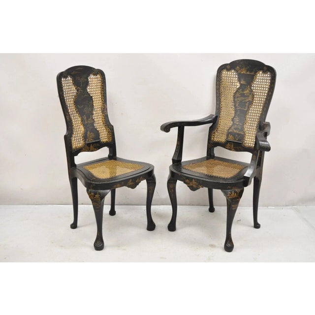 Antique Chinoiserie Queen Anne Hand Painted Floral Cane Dining Chairs - Set of 4. Set includes (2) side chairs and (2)...