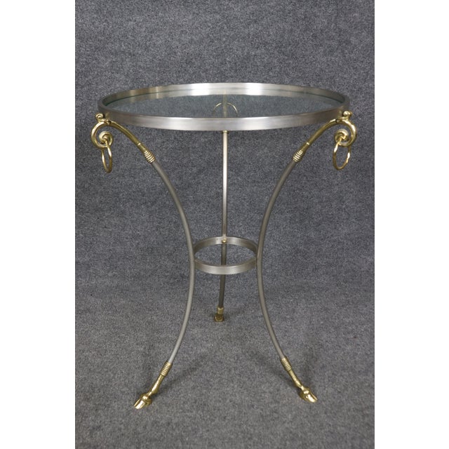 Pair of French Brass and Steel Jansen Style Glass Top Gueridon End Tables For Sale - Image 9 of 9