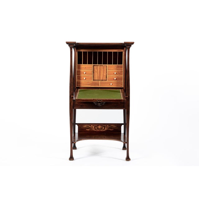 English Antique Art Nouveau Scottish Mahogany Floral Secretary Cabinet For Sale - Image 3 of 17