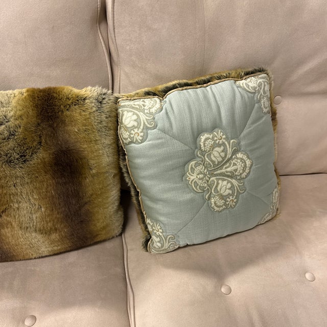 Reversible Faux Fur Embroidered Accent Pillows, Pair For Sale - Image 11 of 12