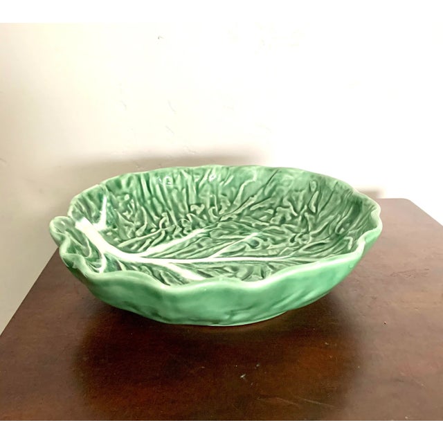 Ceramic 8.5" Vintage Dark Green Majolica Cabbagewear Leaf Ceramic Bowl - Made in Portugal For Sale - Image 7 of 7