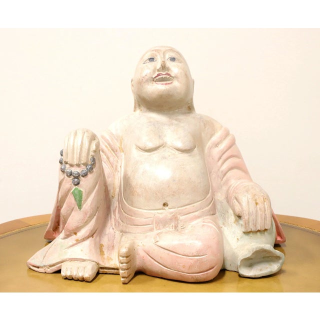Pink Mid 20th Century Carved Wood Smiling Buddha Figure Sculpture For Sale - Image 8 of 8