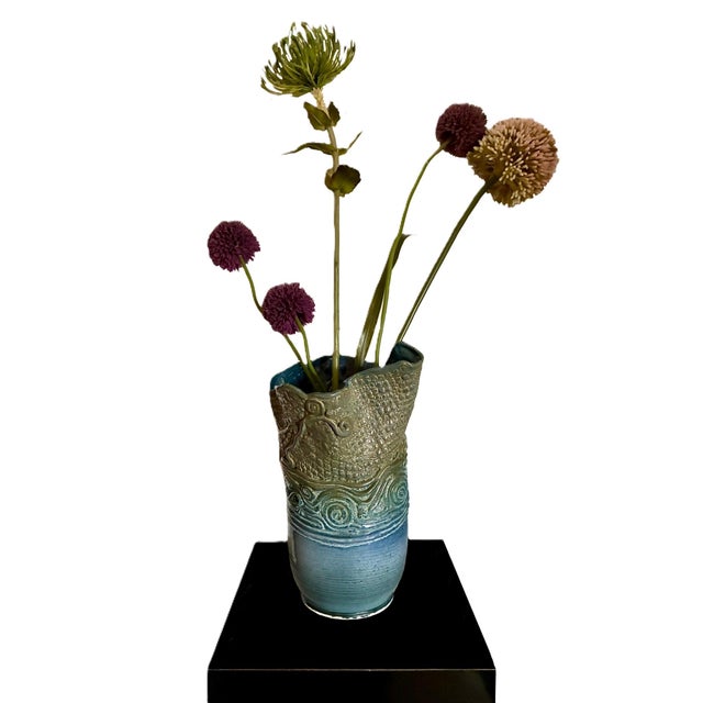 Mid-Century Modern Signed 1970s Blue Hand Build Coil Mid Century Stoneware Vase / 70s Organic Art Vessel /Modernist Ceramic Art Studio Pottery For Sale - Image 3 of 9