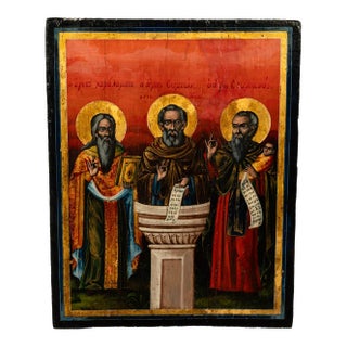 Antique Greek Eastern Orthodox Religious Painted Icon Egg Tempera 3 Saints 1780 For Sale