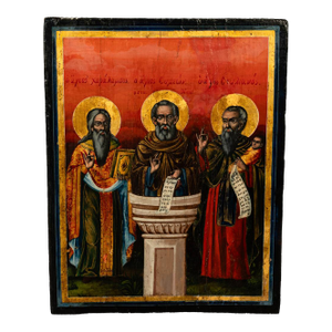 Antique Greek Eastern Orthodox Religious Painted Icon Egg Tempera 3 Saints 1780