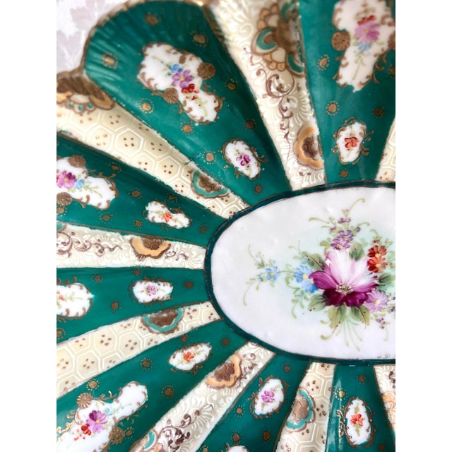 Late 19th Century Antique Hand-Painted Limoges-Style Floral Plate With Emerald & Cream Panels, Raised Gilt Detail – France, Circa 1880s 13” For Sale - Image 5 of 7