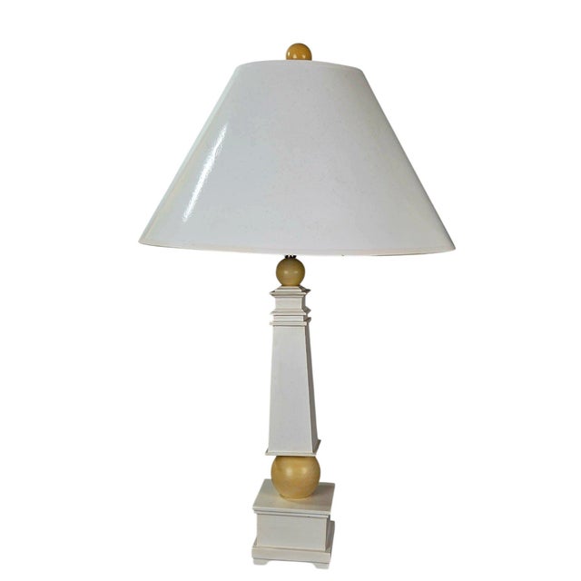 Pair of Natural Light Co. White Wooden Obelisk Table Lamps With Cream Ball Accents and Shades For Sale - Image 10 of 10