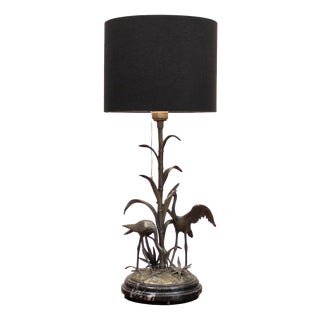 Table Lamp with Crane Bird Scene in Brass on Black Marble Base from Agudo, 1940s For Sale