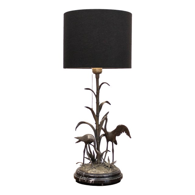 Table Lamp with Crane Bird Scene in Brass on Black Marble Base from Agudo, 1940s For Sale