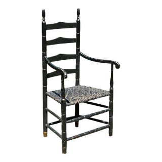 18th Century Antique Queen Anne Ladderback Chair in Black With Ram's Head Arms For Sale