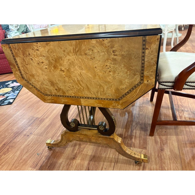 Traditional 1970s Baker Furniture Regency Burl Wood Writing Desk With Lyre Base For Sale - Image 3 of 10
