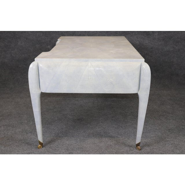 1940s Art Deco Style Maitland Smith Brass Shagreen Printed Leather Desk For Sale - Image 5 of 13