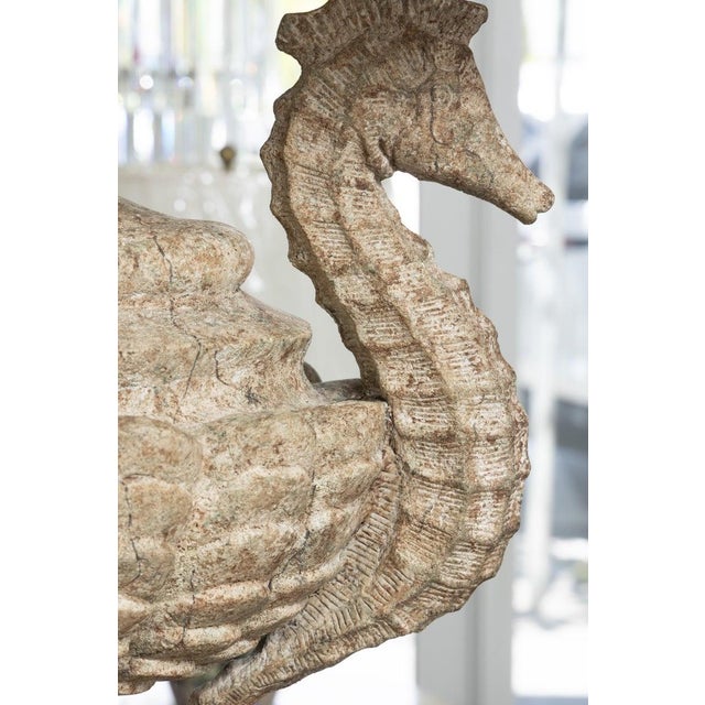 Late 20th Century Pair of Monumental Carved Stone Sea Horse Urn Lamps For Sale - Image 5 of 8