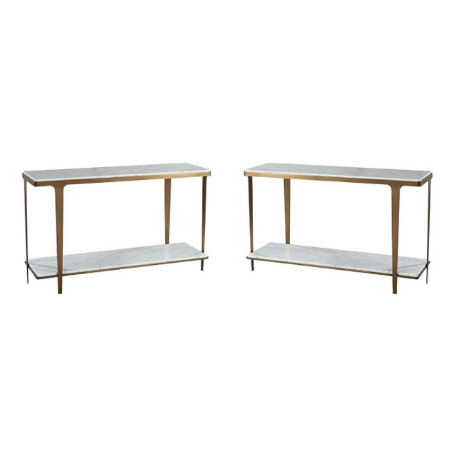 White Pair of Art Deco Style White Marble Top Consoles For Sale - Image 8 of 8