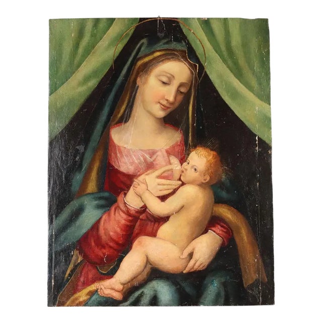 Madonna with Child, Oil on Panel For Sale