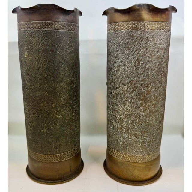 Artistic Pair of World War I Brass Trench Art Vases Decorated With a Lily Floral Motif - Dated November 1917, Madgeburg, Germany For Sale - Image 4 of 11