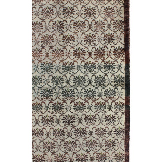 Turkish Vintage Hand Knotted Turkish Oushak Rug With All-Over Design in Chocolate Brown, Ivory, Green For Sale - Image 3 of 7