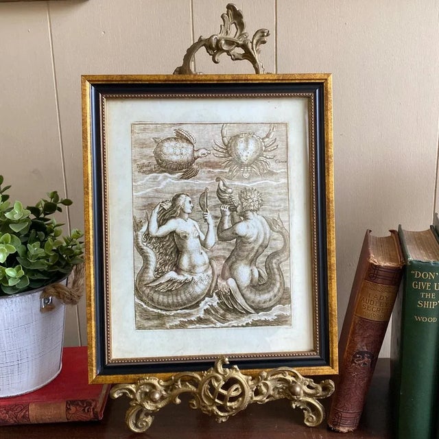 Mermaid & Merman Nautical Illustration 8" X 10" Framed Reproduction Print Behind Glass For Sale - Image 4 of 6