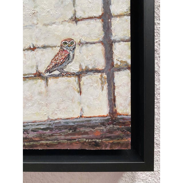 Burrowing Owl Wyoming by Delton Demarest | Mixed Media Owl perched by a window. For Sale - Image 4 of 5