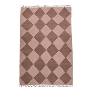 Redwood & Rust Diamond Checker Zanafi Flatweave Moroccan Wool Rug 5'4"x8' For Sale