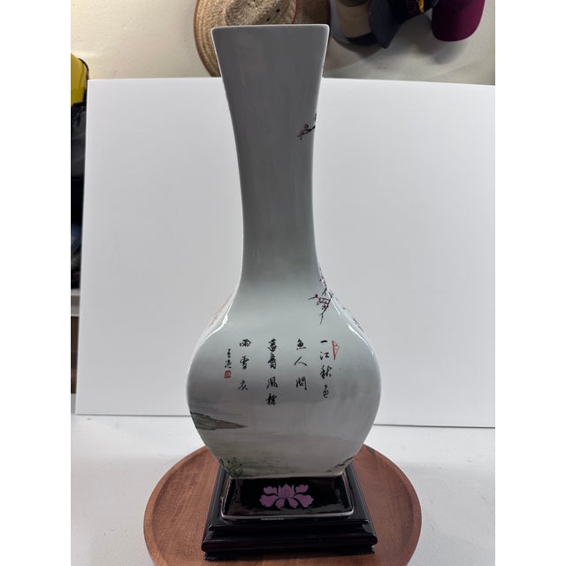 Tall Ming Village Four-Sided Hand-Painted Chinese Porcelain Crane & Blossom Vase, 21" For Sale - Image 11 of 18