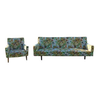 Vintage Couch Armchair Floral Fabric Tapestry Wood Tapered Legs For Sale