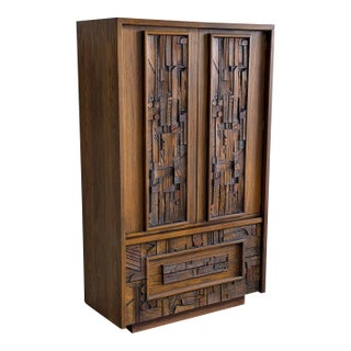 Lane Brutalist Armoire Dresser Oak Mid-Century Modern 1970s For Sale
