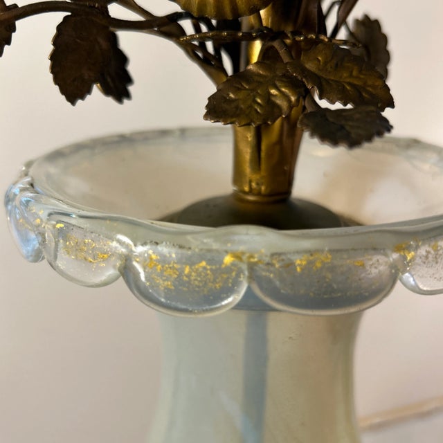 Traditional 1940s Early Murano Aventurine Filled Hand Blown Glass With Brass Flower Pedal Lamps With Original Foil Tag, a Pair For Sale - Image 3 of 12