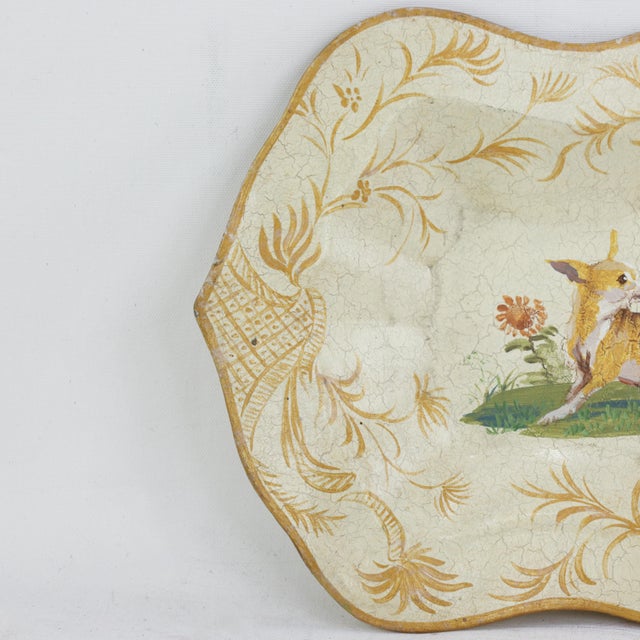 Illustration Vintage Hand Painted Tole Tray Cream With Dog and Sunflower Motif Scalloped Serving Tray For Sale - Image 3 of 13