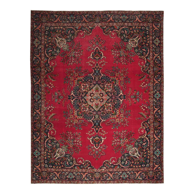 1970s Vintage Persian Handmade Wool 10x13 Red Floral Area Rug For Sale
