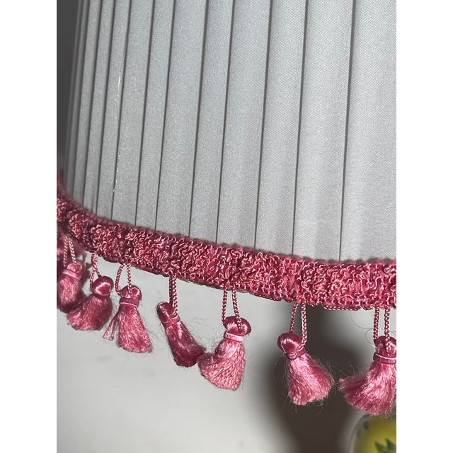 1990s Shabby Chic White Pleated Lamp Shade With Pink Fringes For Sale - Image 4 of 6
