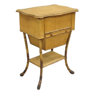 Antique English Victorian Bamboo Rattan Sewing Box Work Stand Side Table For Sale