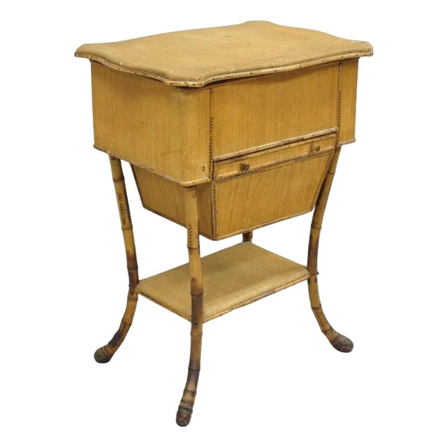 Antique English Victorian Bamboo Rattan Sewing Box Work Stand Side Table For Sale