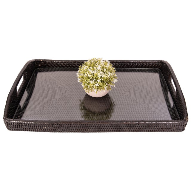 Boho Chic Artifacts Rattan Rectangular Tray with Glass Insert in Tudor Black - 21" For Sale - Image 3 of 4