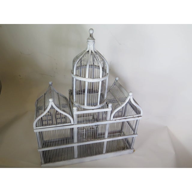 Large Harrods Department Store English Antique Wooden and Wire Off White Patina Sculptural Bird Cage For Sale - Image 4 of 5