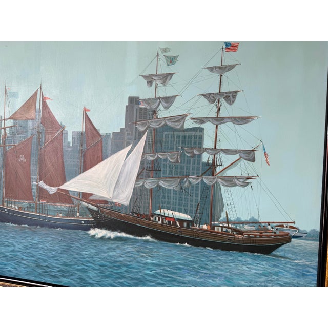 Large- 1980’s Diane Kenny Maritime City Skyline Painting, Framed For Sale - Image 11 of 12