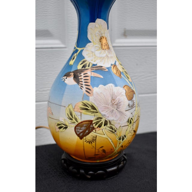 Antique Japanese Satsuma Vase Lamp Meiji Painted Porcelain Gold Bird Flower For Sale - Image 16 of 17