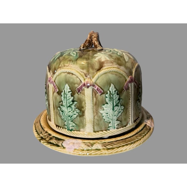 Early 20th Century Vintage Antique Majolica Pottery Floral Decorated Cheese Keeper Dome With Base For Sale - Image 5 of 10