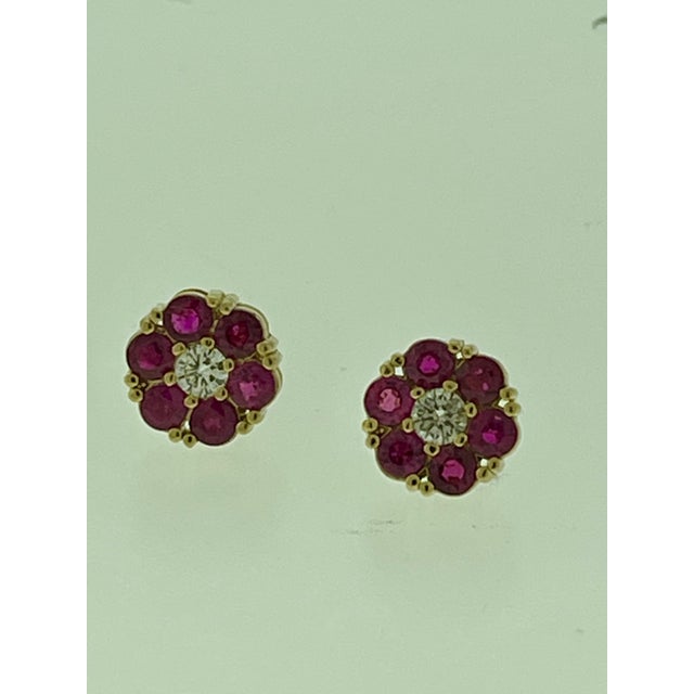 3 Carat Ruby & Diamond Floral Cluster Flower Stud Earrings 14 Karat Yellow Gold For Sale - Image 4 of 18