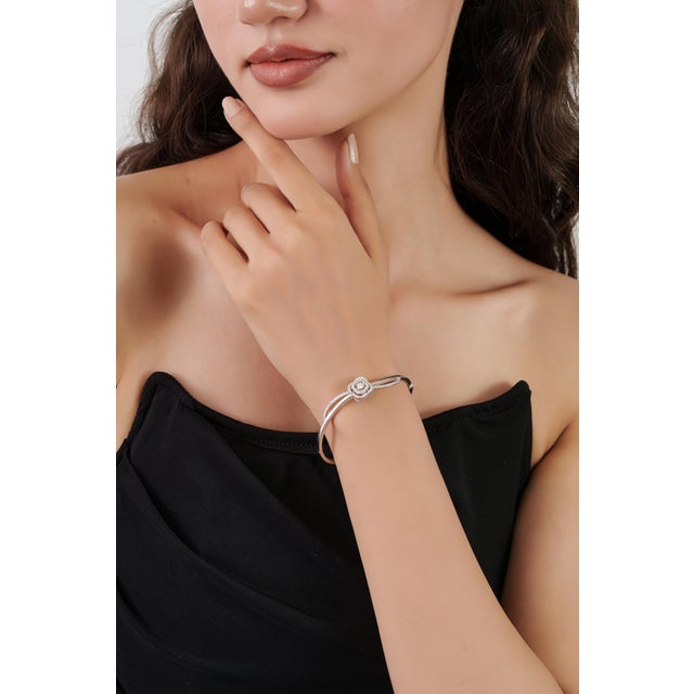 Silver Carat&Her Floral Halo Pavé Set Bangle Bracelet in 925 Silver - Wedding Gift For Sale - Image 8 of 12