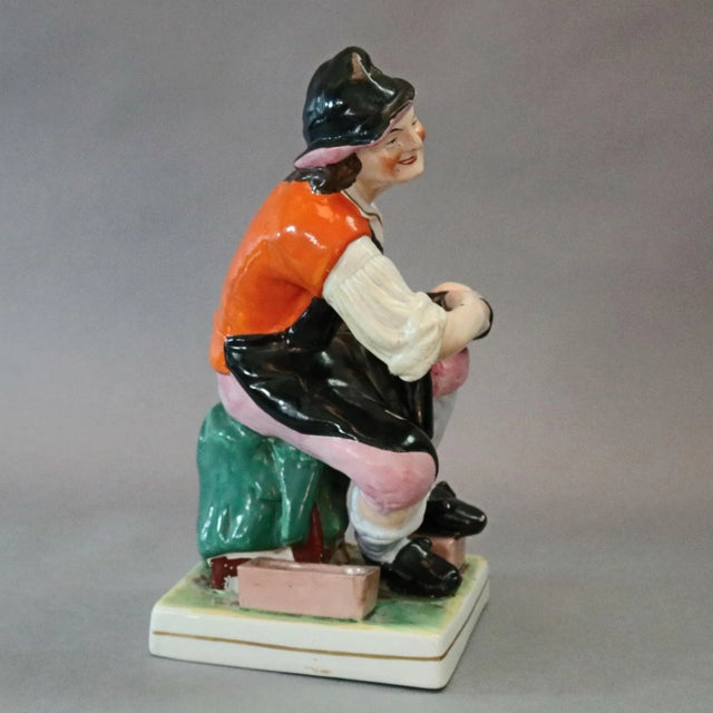 Ceramic Antique English Staffordshire Hand Painted Figural Porcelain Cobbler For Sale - Image 7 of 11