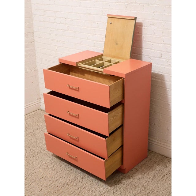 Vintage Postmodern Burnt Orange Four-Drawer Highboy Dresser With Brass Hardware For Sale - Image 4 of 12