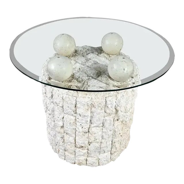 Postmodern Round Tessellated Mactan Stone Base Side Table With 4 Spheres Glass Top Style Maitland Smith For Sale