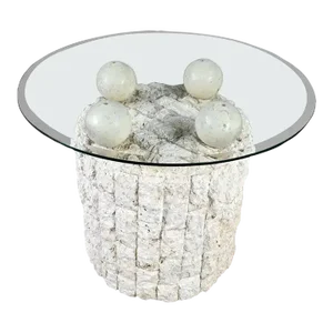 Postmodern Round Tessellated Mactan Stone Base Side Table With 4 Spheres Glass Top Style Maitland Smith