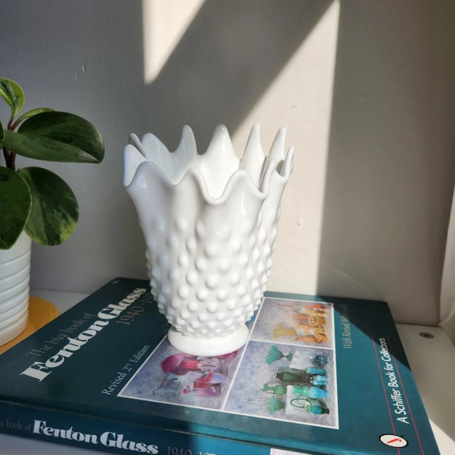 Vintage Fenton Hobnail Ruffled Edge Handkerchief Stretch Vase Planter. Mid-century Fenton milk glass, hobnail and swung...