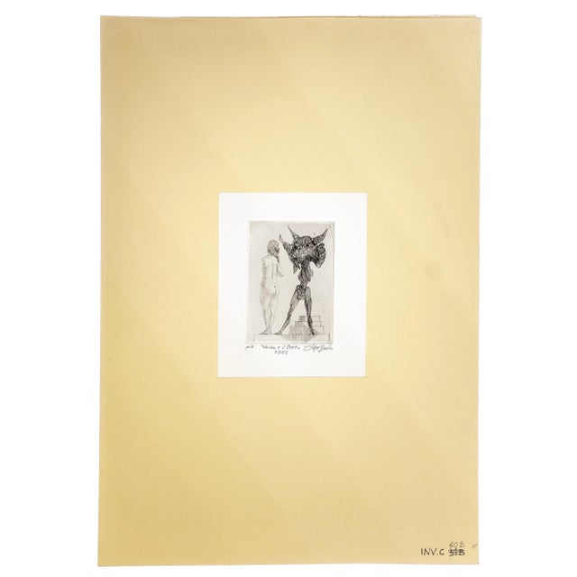 Venus and the Bull is an original etching and drypoint realized by Leo Guida in 1985. Good condition. Mounted on a...