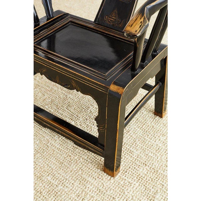 Black Qing Dynasty Lacquered Horseshoe Armchairs - a Pair For Sale - Image 8 of 13