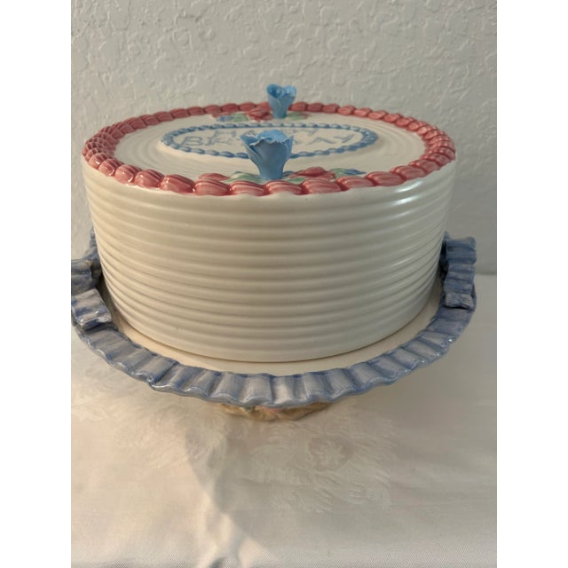 1990s Vintage Ceramic "Happy Birthday" Domed Pedestal Cake Plate For Sale - Image 5 of 8
